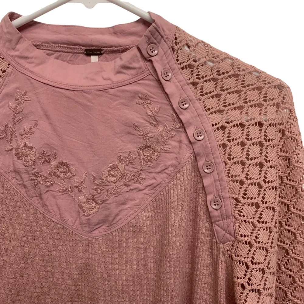 Free People Embroidered Crocheted Thermal High Neck Top